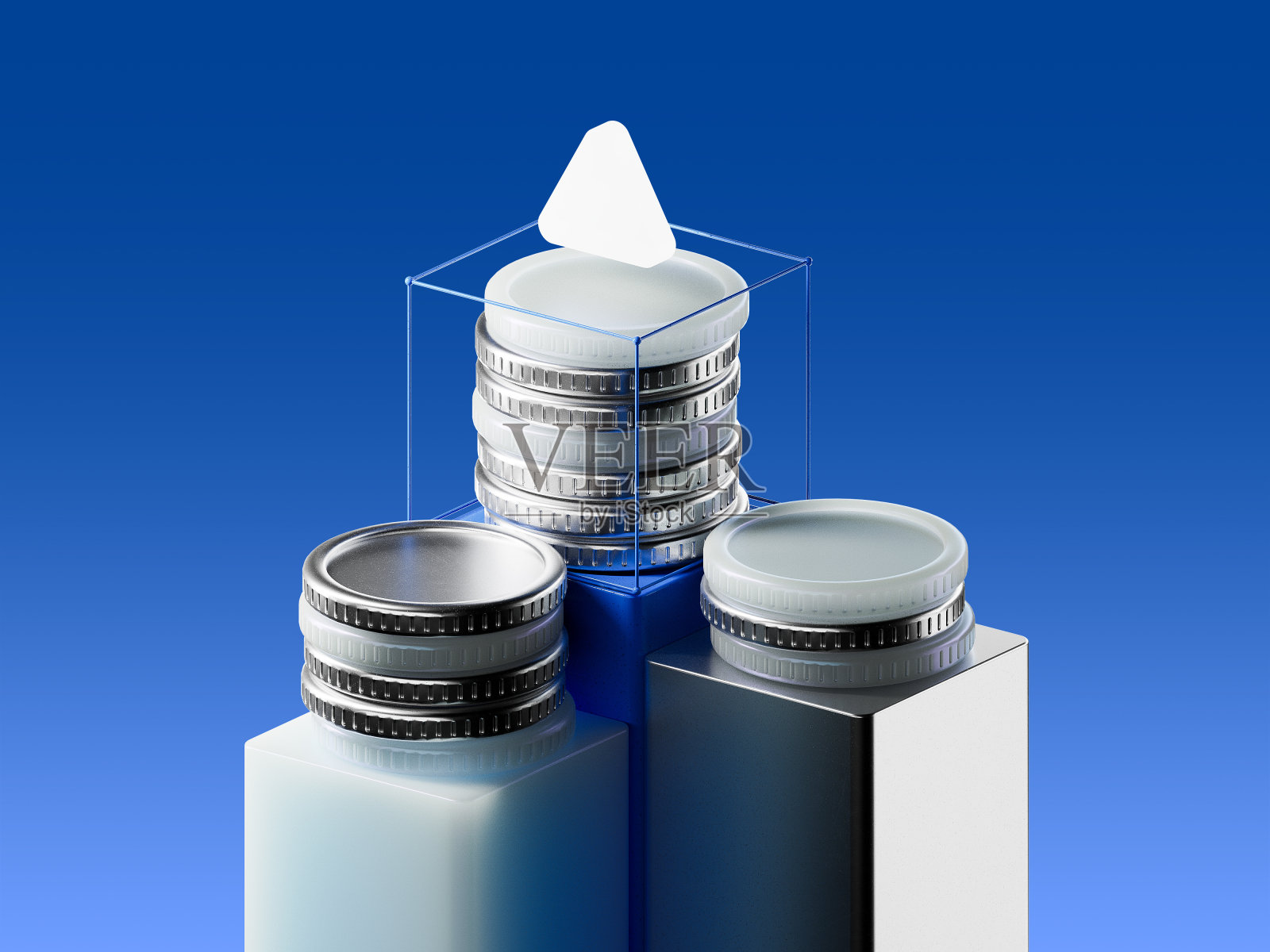 货币上升趋势蓝色曲线箭头利息百分比上升，存款。创造股市运动的概念。3 d图标。数字纹理照片摄影图片