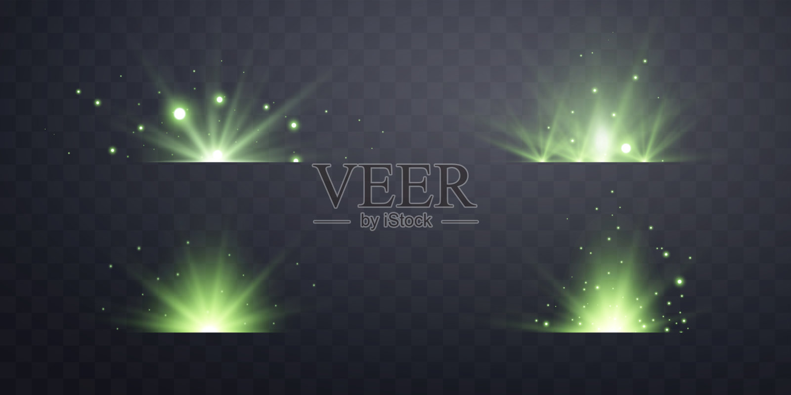 绿色镜头耀斑设置。在透明背景上隔离。太阳闪光与光线聚光灯和散景。绿光闪耀光效。矢量图插画图片素材