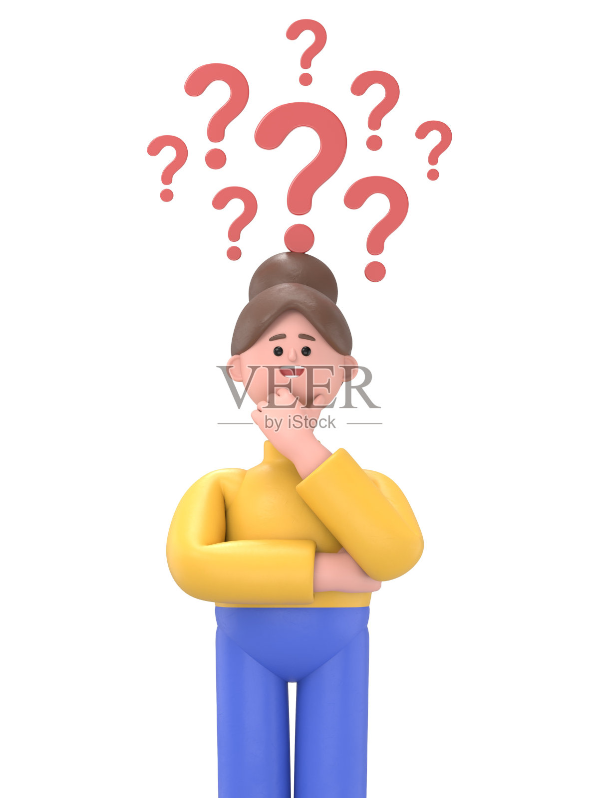 用箭头和问号做决定。动画风格的3D插图。亚洲女人安吉拉的3D插图。照片摄影图片