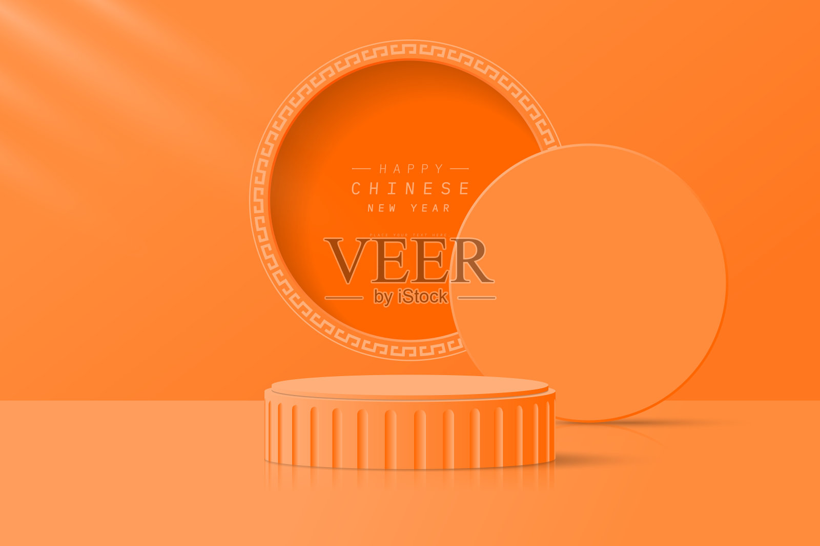 现代的橙色三维圆柱基座基座，实景圆形窗，罩，中国图案。最小场景的产品模型，模板，演示。推广阶段和春节快乐。插画图片素材