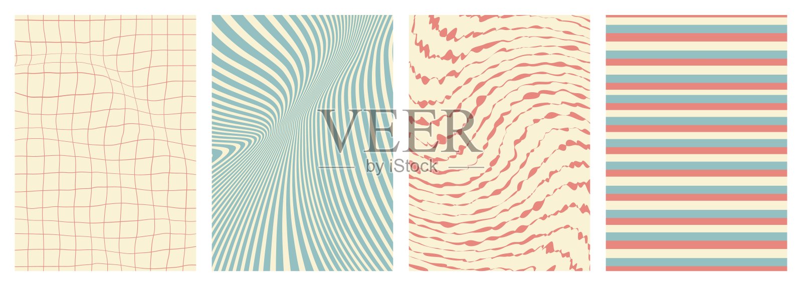 复古扭曲和扭曲矢量groovy嬉皮士背景集。波浪，漩涡，条纹，射线和漩涡图案。复古的背景在时尚的复古迷幻风格。矢量图插画图片素材