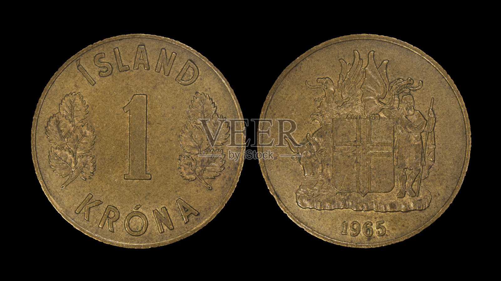 黑色背景上的1冰岛克朗硬币特写照片摄影图片