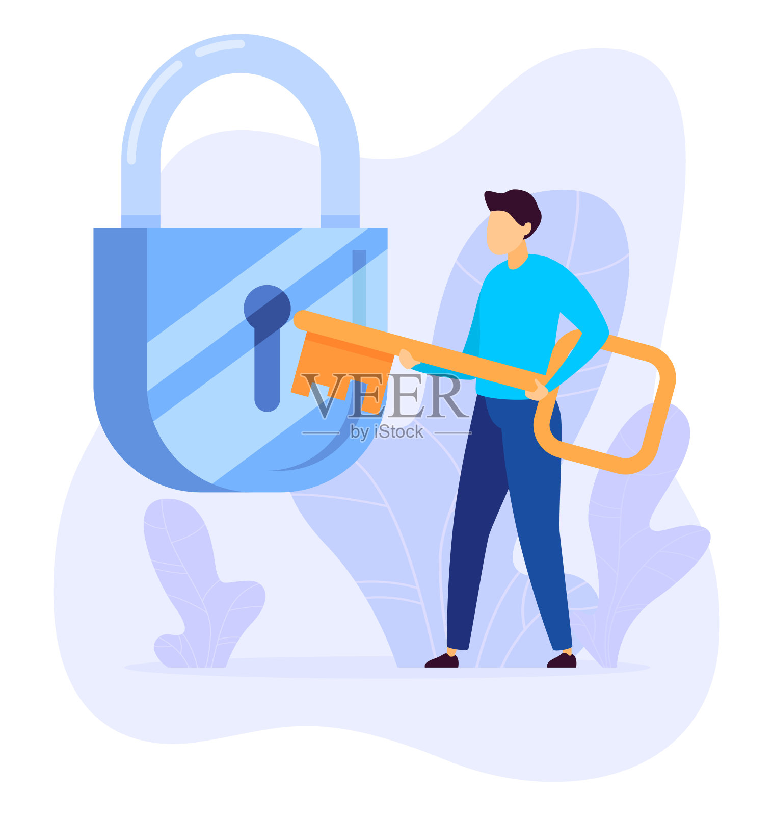 拿着超大钥匙接近大锁的男人象征着安全通道。保护隐私概念，个人资料保护说明。商人在挂锁旁握着巨大的金钥匙，表示找到了解决方案。解决问题的策略，安全访问插画图片素材