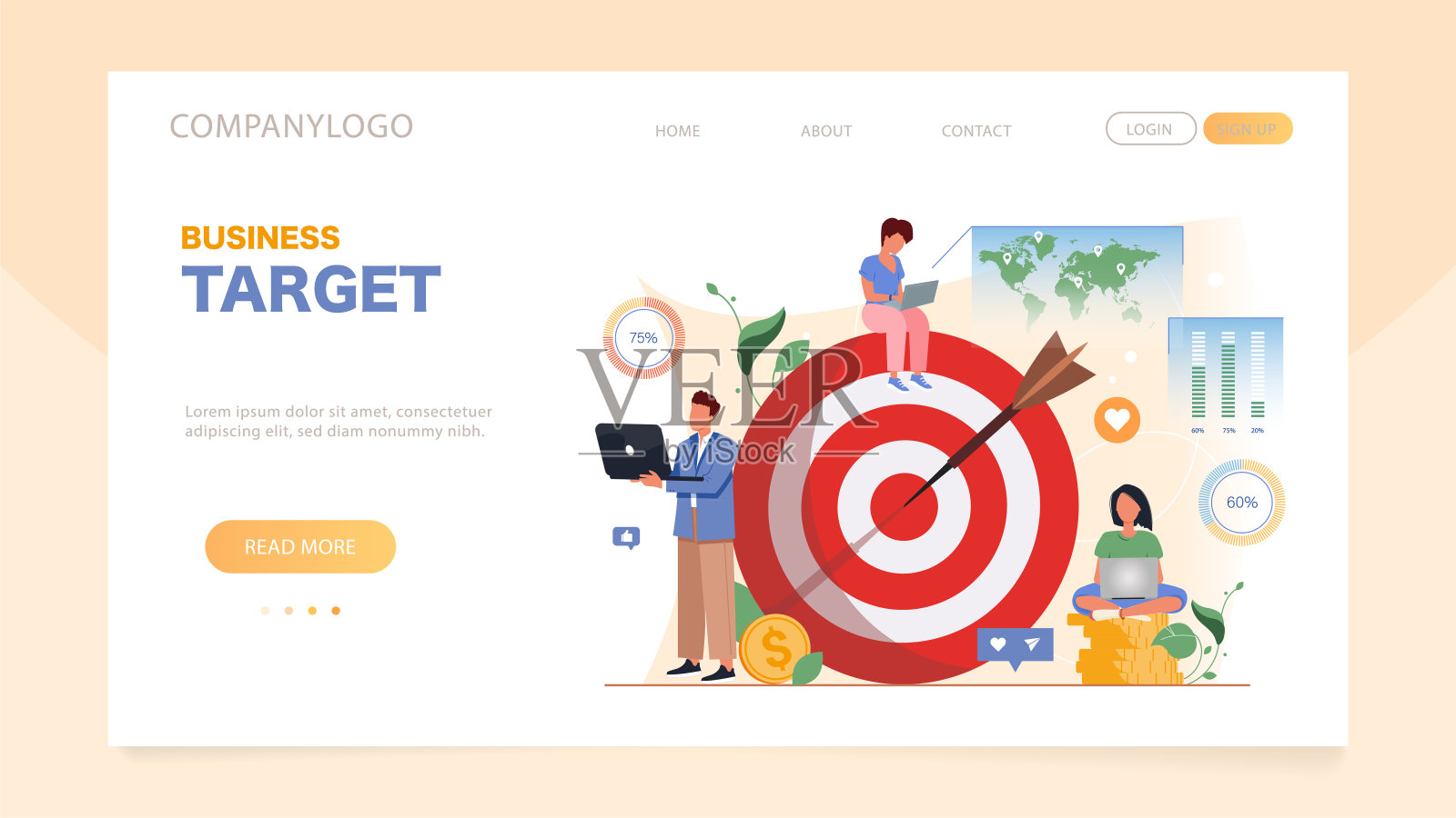 目标的概念。成功的专业团队实现登陆页面模板的目标。数字营销重新定位或再营销。目标，成就，团队合作，业务，营销矢量插图插画图片素材