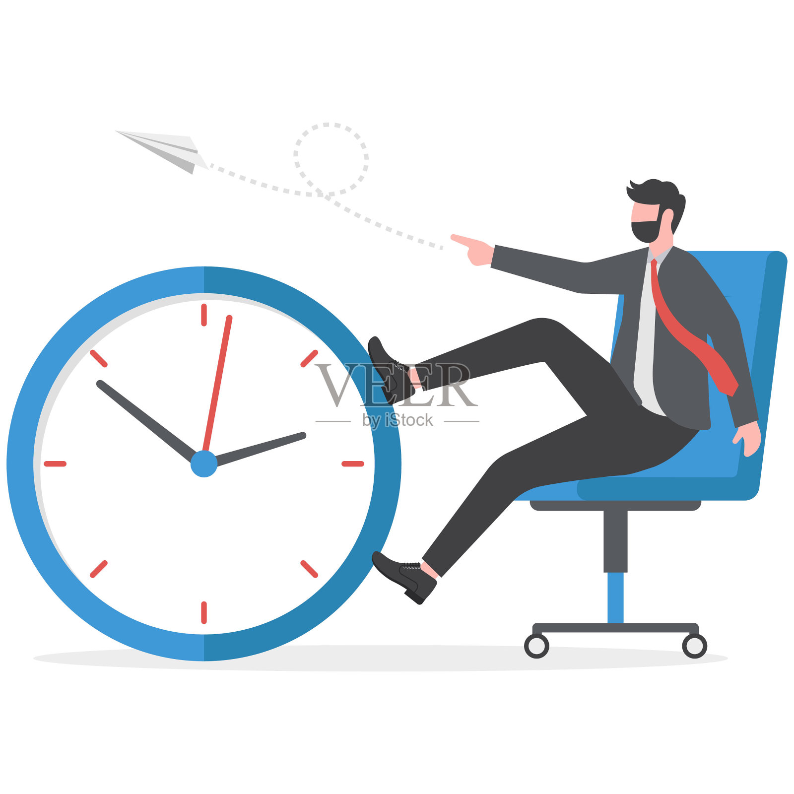 工作中的生产力和效率，拖延症或时间管理或项目截止日期，最佳绩效员工概念，智能放松商人坐在闹钟上发射纸飞机。插画图片素材