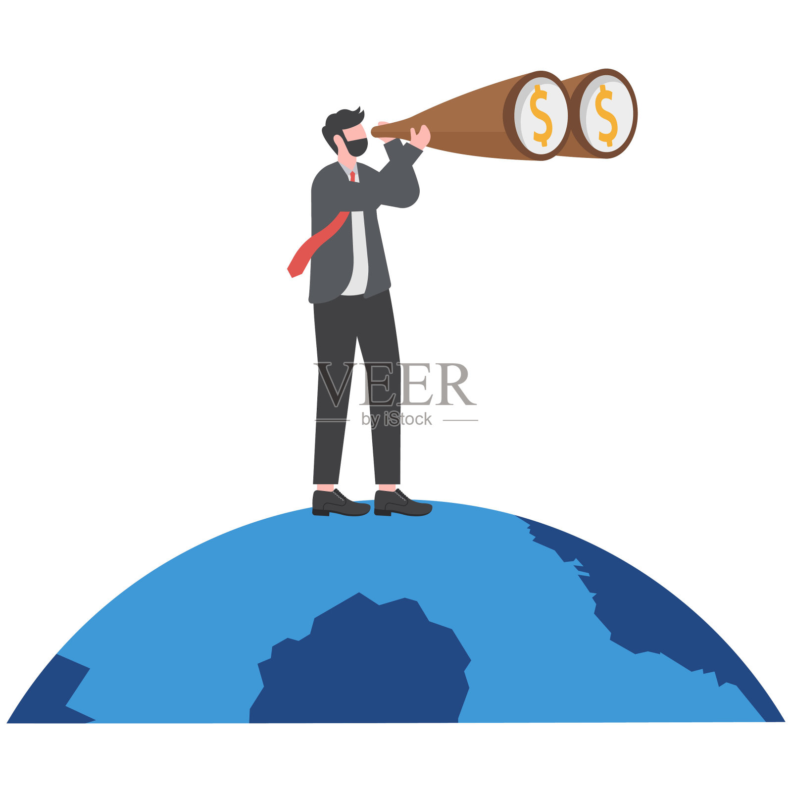 全球化，全球商业视野，世界经济或商业机会概念，站在地球上的聪明商人，用望远镜看地球的视野或未来的机会。插画图片素材