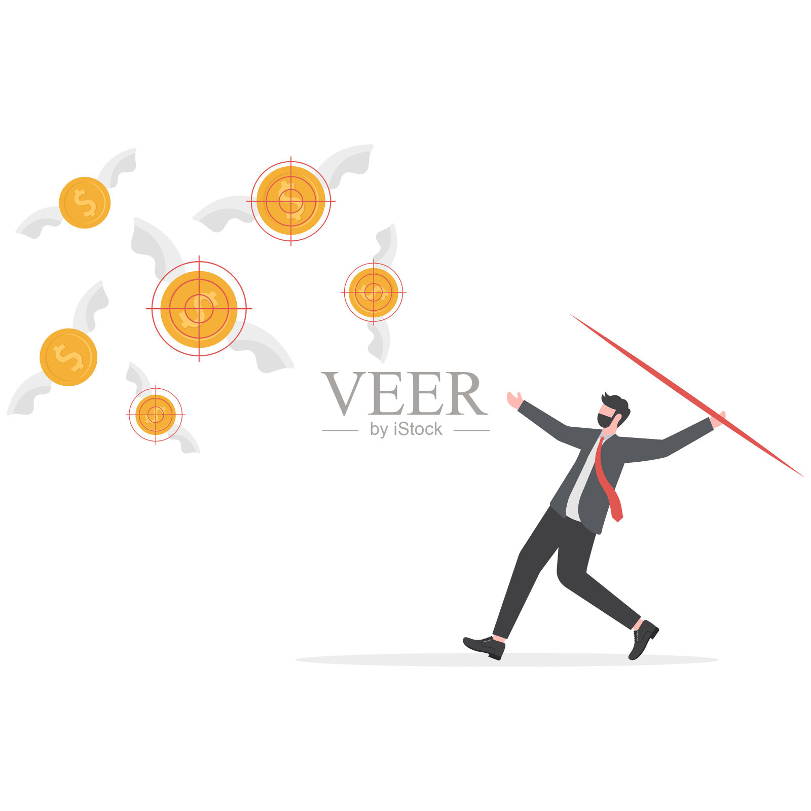 目标和挑战。商人向飞钱投掷长矛插画图片素材