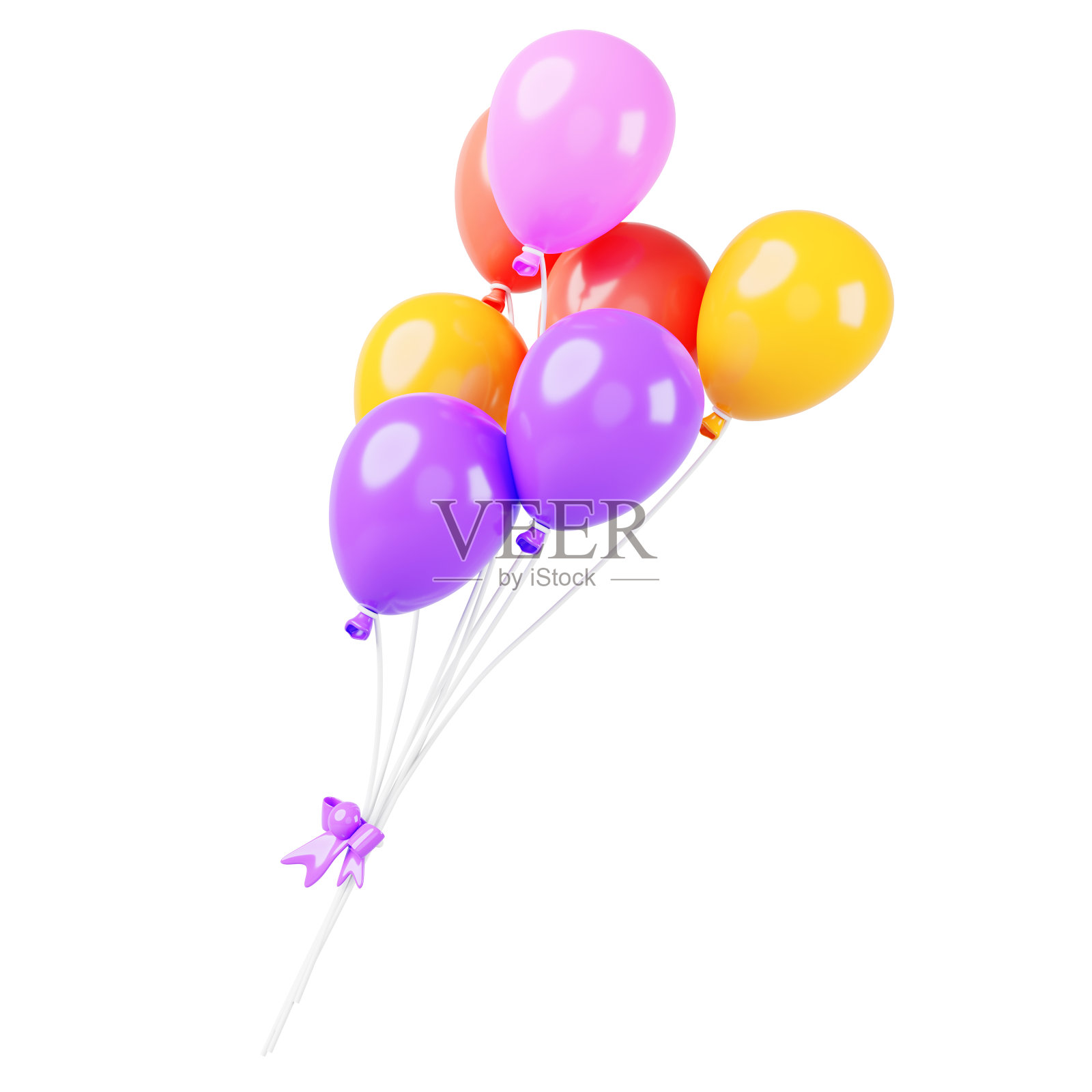 3d彩色气球捆绑丝带和蝴蝶结。卡通渲染图标飞行五颜六色的气球为孩子们的生日聚会，周年纪念，节日装饰孤立的白色背景照片摄影图片
