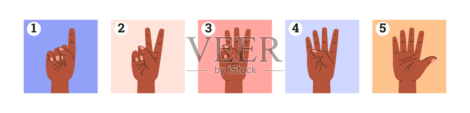 一套彩色卡片与手势显示数字从1到5和数字插画图片素材