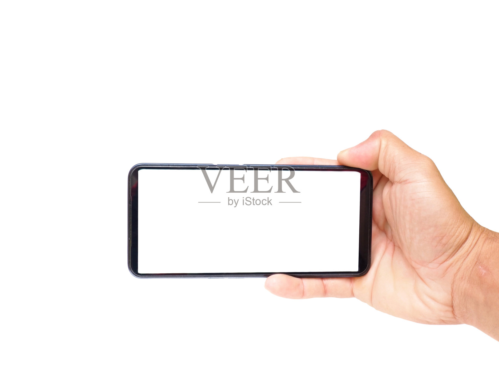 男性手持白屏横置在白底上经营理念。照片摄影图片