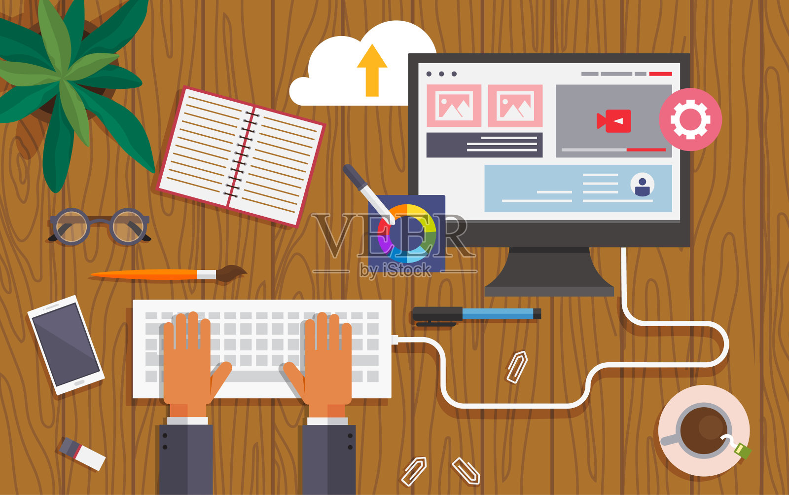 在电脑上工作的人坐在桌子上打字键盘程序员，网页设计商业横幅插画图片素材