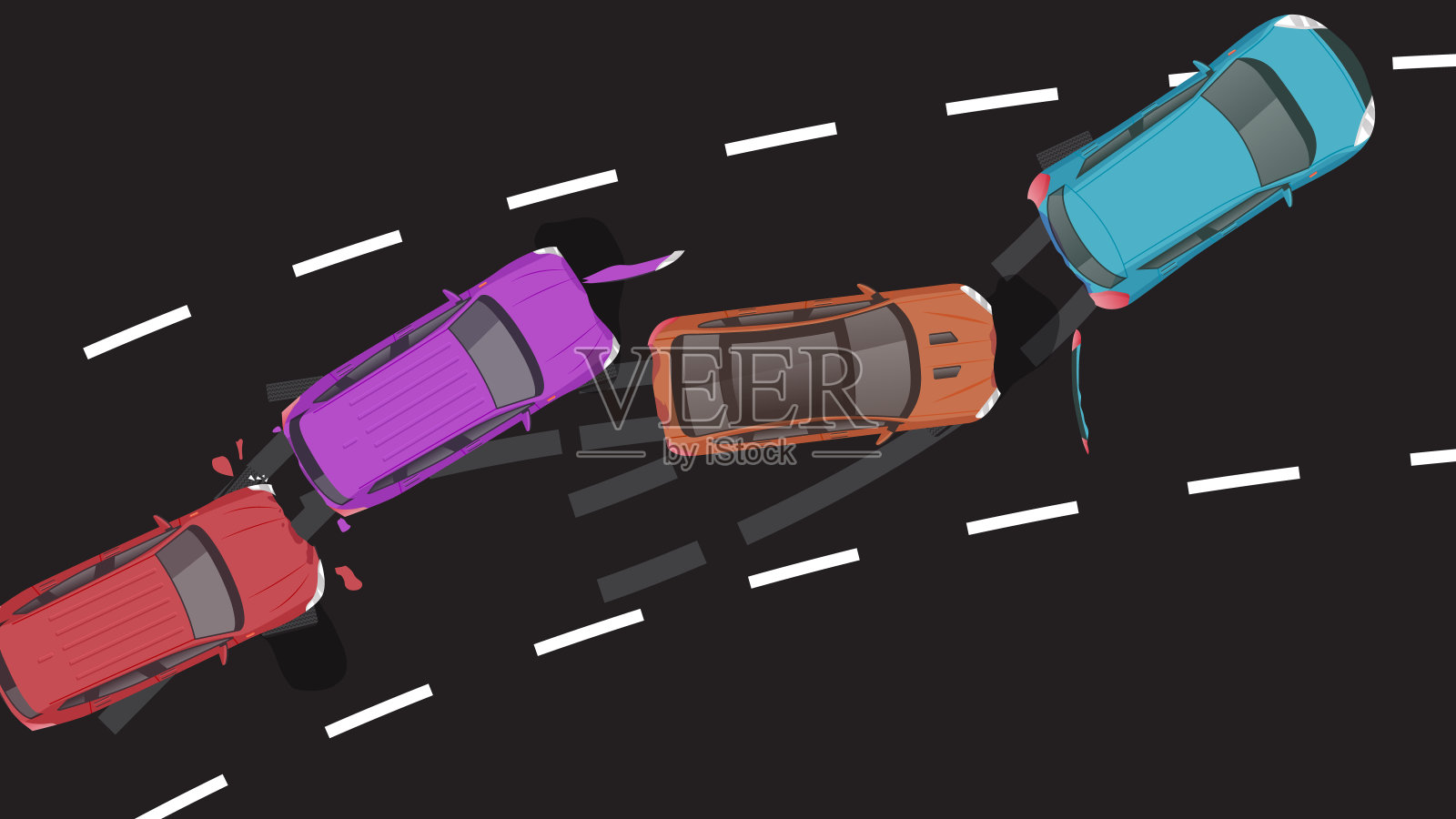 汽车碰撞制动紧急事故及道路俯视图平面图插画图片素材