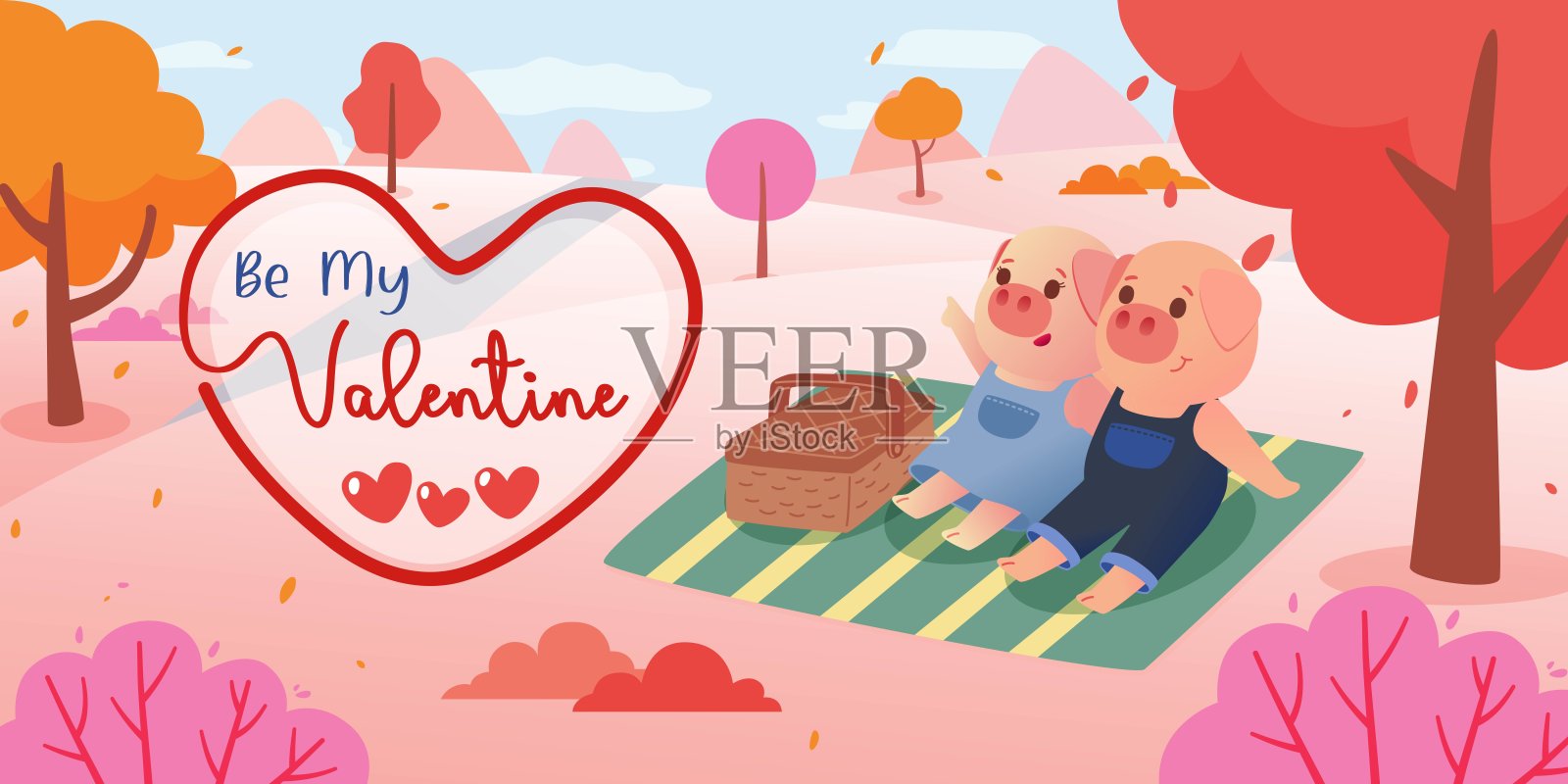 温馨的情人节:快乐的猪夫妇在公园里用有趣的户外活动庆祝情人节，矢量，插图插画图片素材