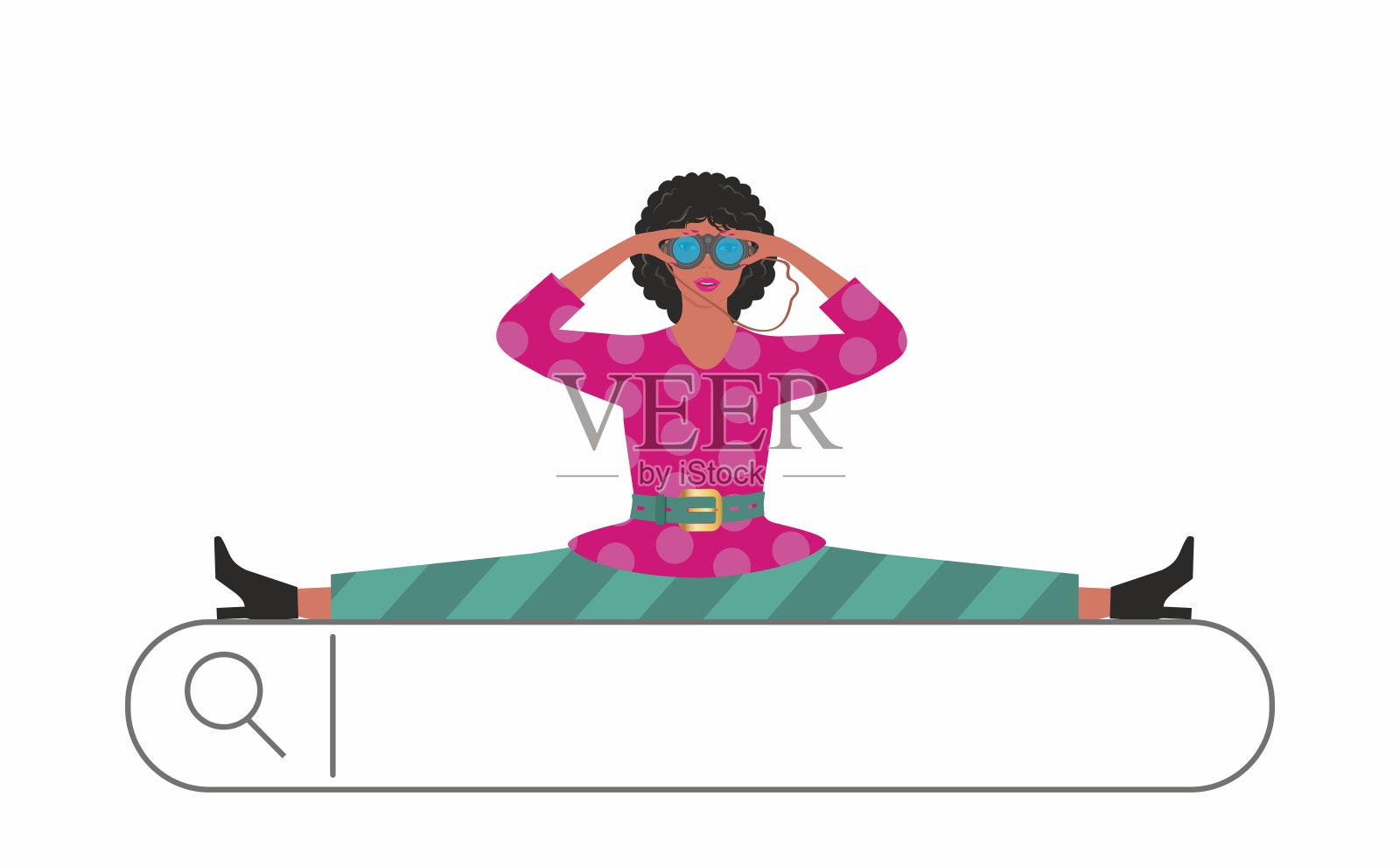网络搜索，带着望远镜的时髦女人。孤立。矢量插图。插画图片素材