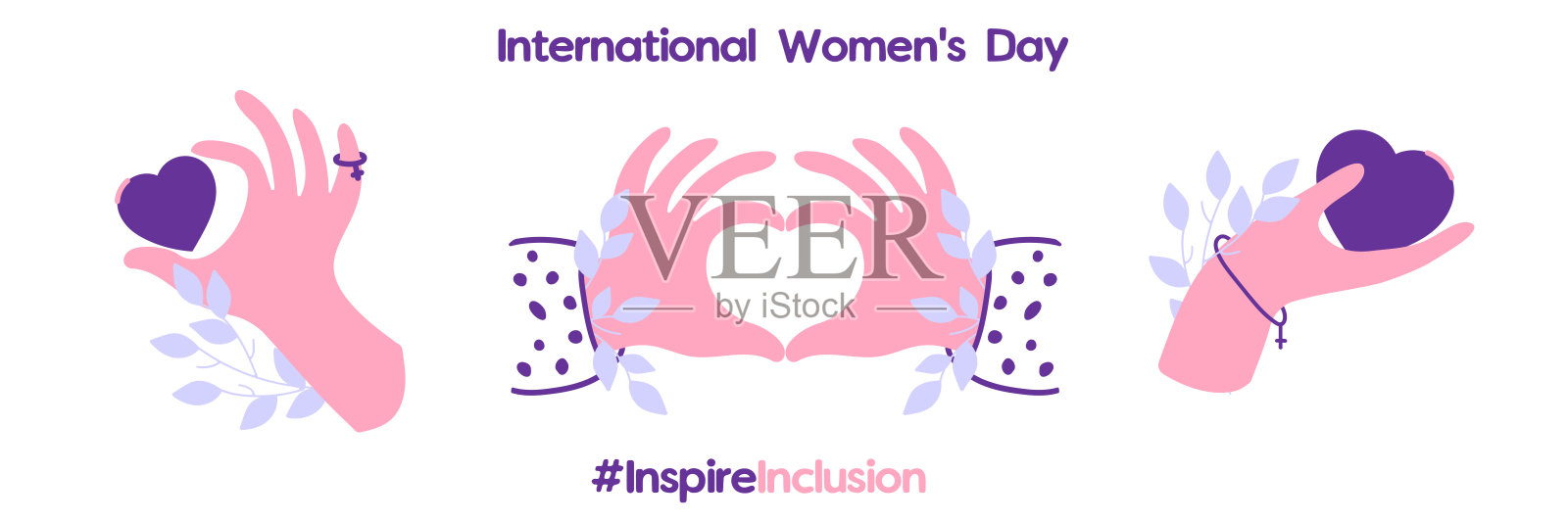 为迎接2024年3月8日的国际妇女节而推出的一系列卡通形象。#鼓舞包容运动的风格化符号。双手做成心形，一颗心握在手中。矢量图插画图片素材