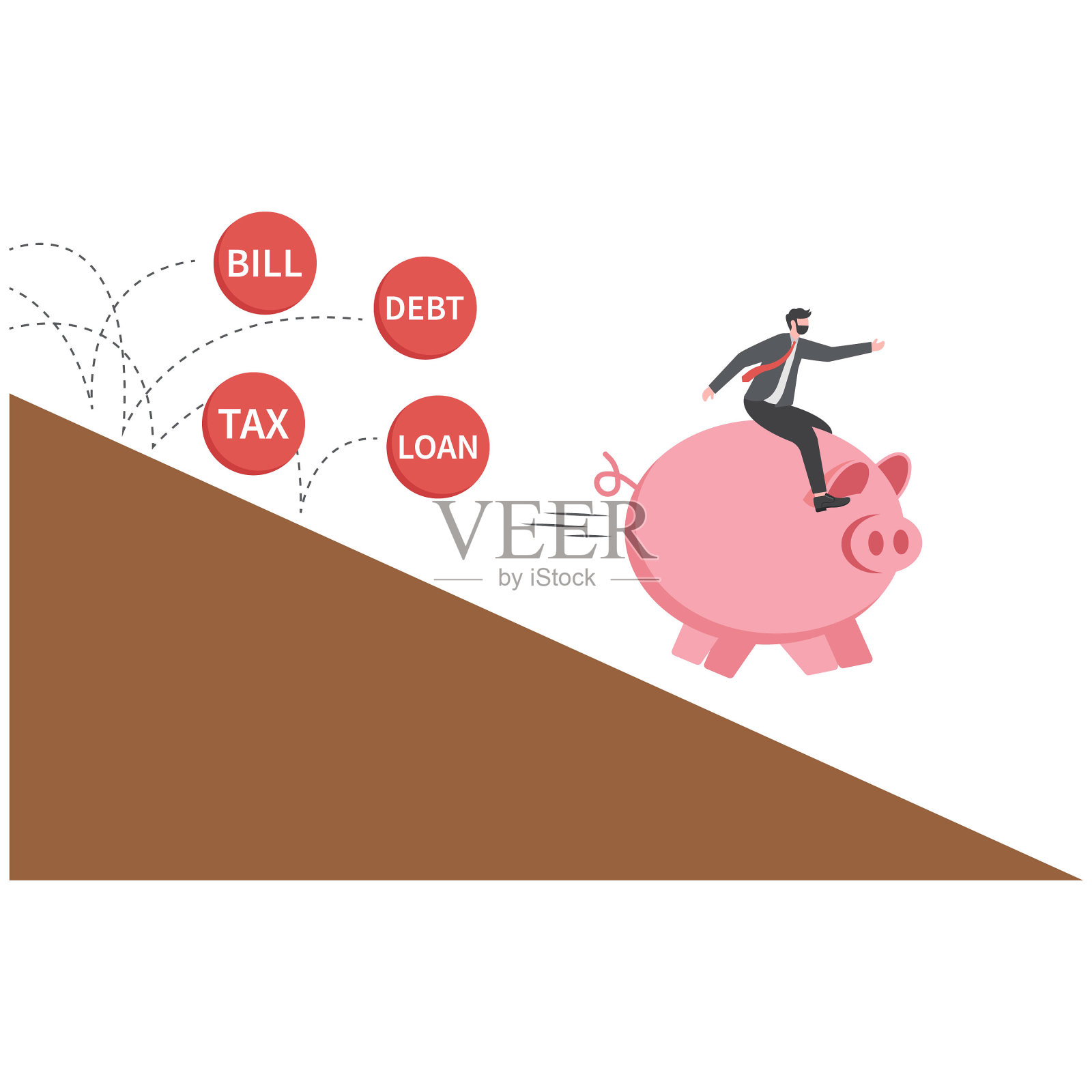 商人骑着存钱罐逃避金融危机。商业债务概念插画图片素材