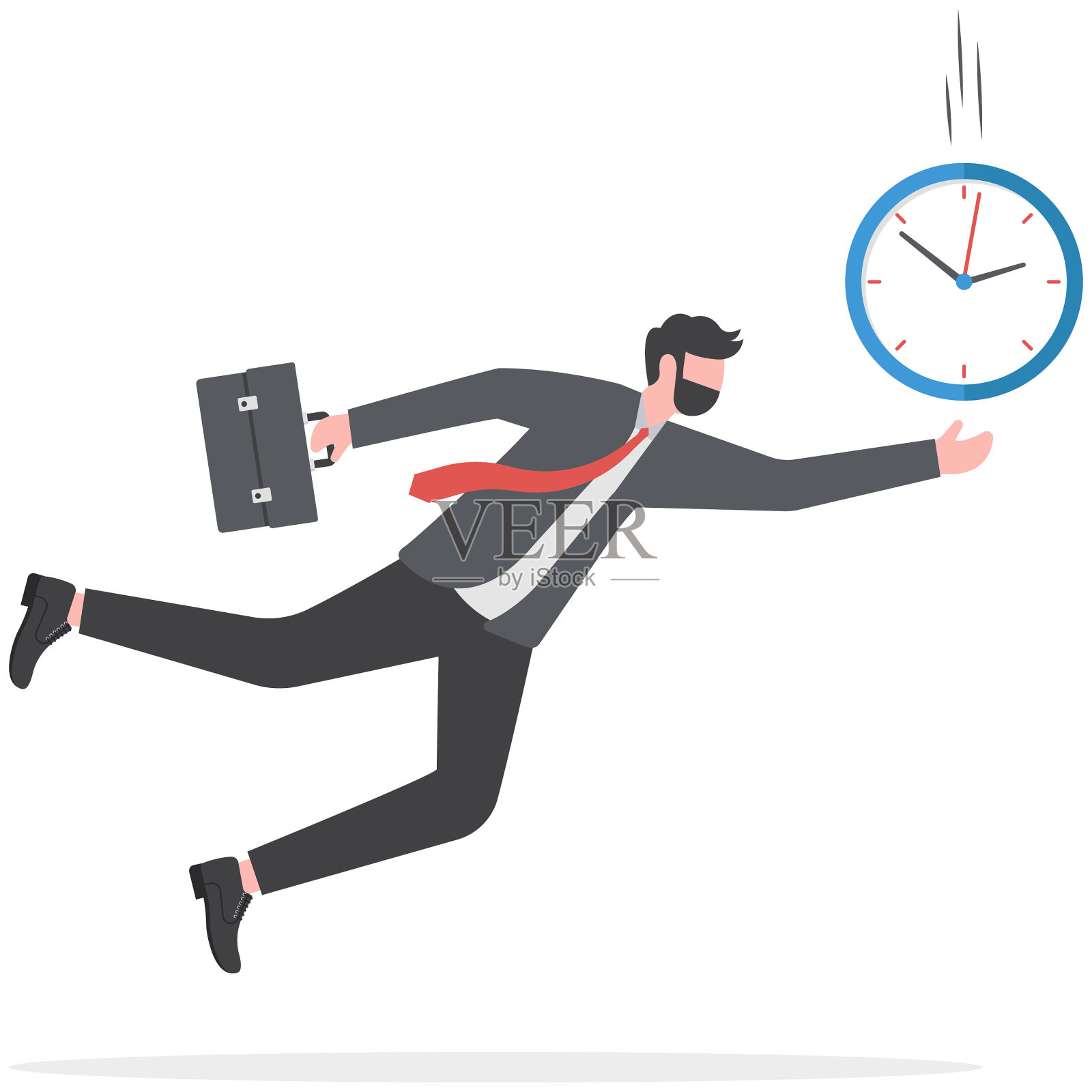 时间不够用，为工作项目的截止日期或时间倒计时是人生观念中宝贵的东西，失意的商人急于追赶飞走的闹钟和秒表插画图片素材