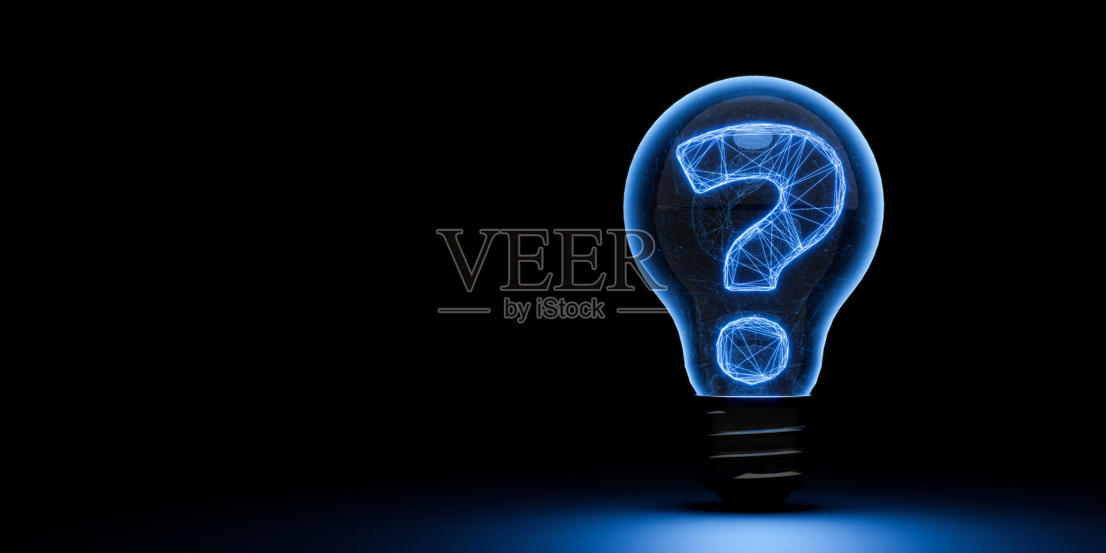 一个闪烁着问号的灯泡在思考解决问题的办法。三维渲染照片摄影图片