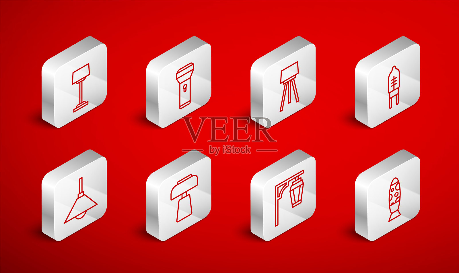 集线落地灯，手电筒，发光二极管，复古街，桌子和灯挂图标。向量插画图片素材