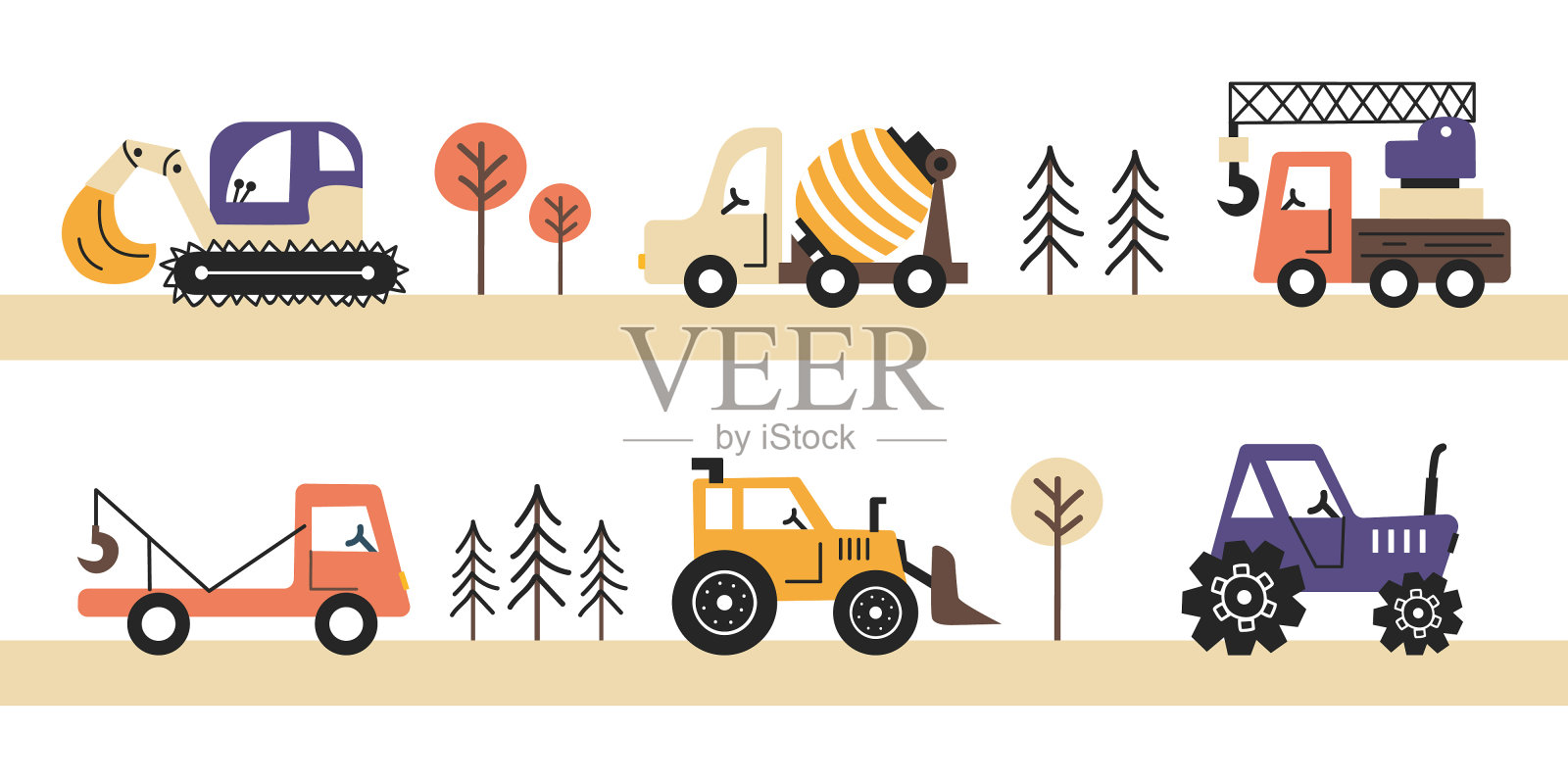 路上可爱的施工车辆。插画图片素材