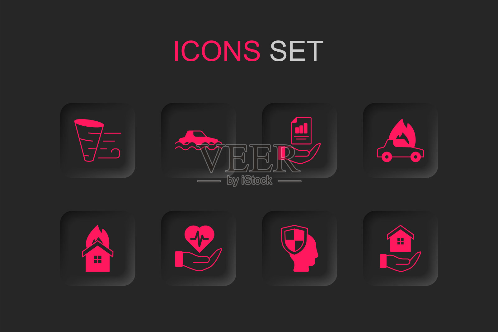 手上的寿险、汽车被淹、龙卷风、盾牌、房屋燃烧、合同和火灾房屋图标矢量素材插画图片素材