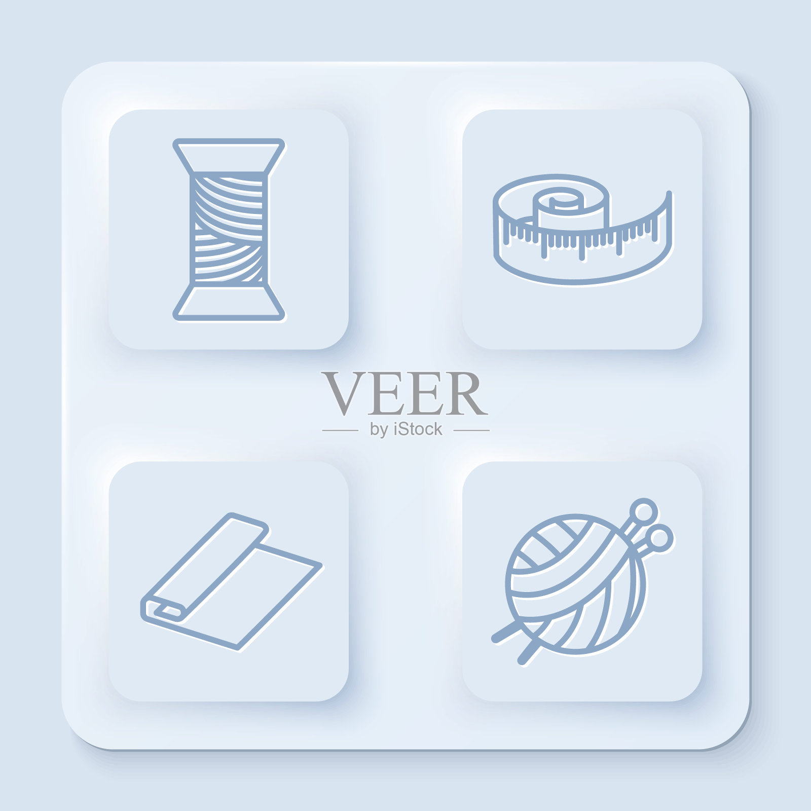 用针织针在线轴、卷尺、纺织织物卷和纱线球上设置缝纫线。白色方形按钮。向量插画图片素材