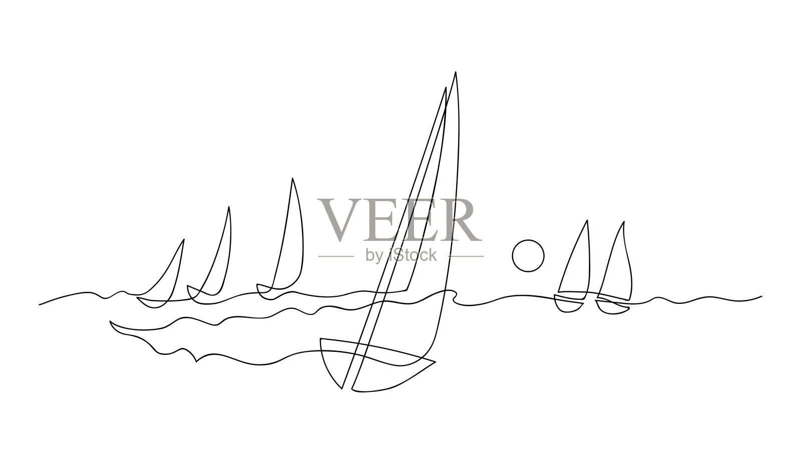 海浪上的游艇。天空中的海鸥。连续线条绘制。矢量插图。隔离在白色背景上插画图片素材