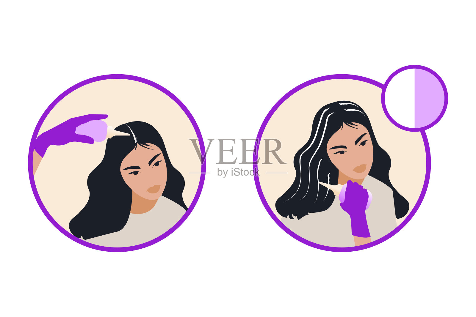 用时间计数器染色头发的步骤。美丽的黑发女性用染发剂染头发。染发剂说明书概念。插画图片素材