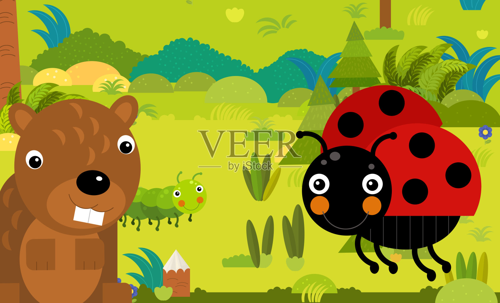 森林里不同欧洲动物的卡通场景插画图片素材