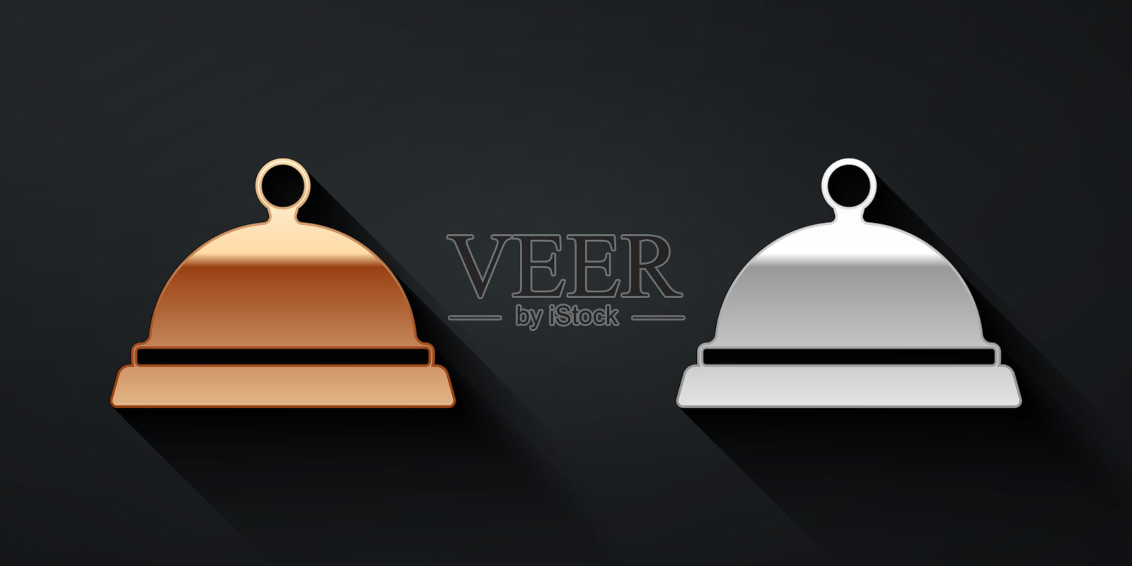 金和银覆盖着一个托盘的食物图标孤立的黑色背景。托盘和盖子标志。带盖子的餐厅挂钟。长影式。向量插画图片素材