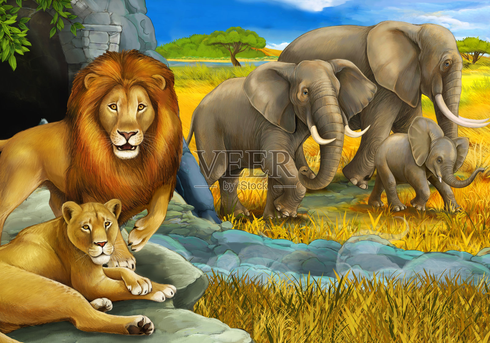卡通狩猎场景，狮子休息和大象在草地上为儿童插图插画图片素材