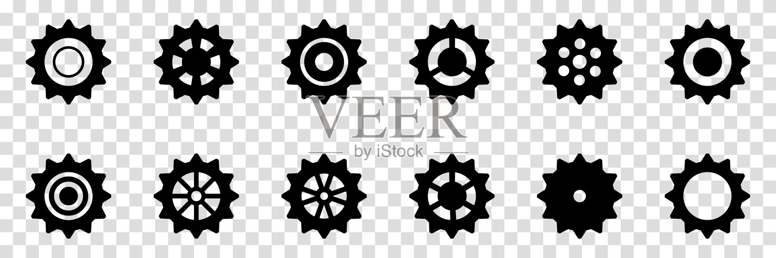 机械齿轮的集合。齿轮图标集。设置齿轮图标。矢量插图与黑色轮廓链轮图标或标志设计元素。透明的隔离背景。插画图片素材