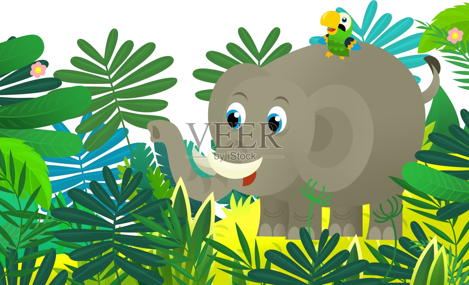 卡通野生动物快乐小象与其他动物朋友在丛林孤立的儿童插图插画图片素材