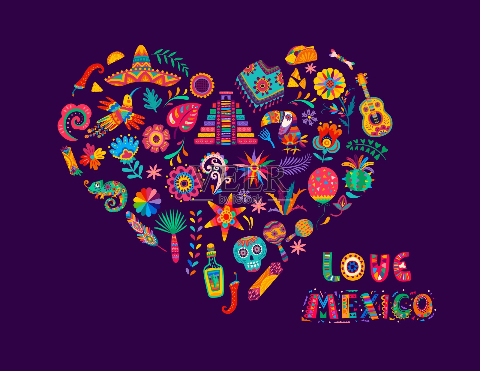 爱墨西哥的心，墨西哥的花，墨西哥的动物，墨西哥的食物插画图片素材