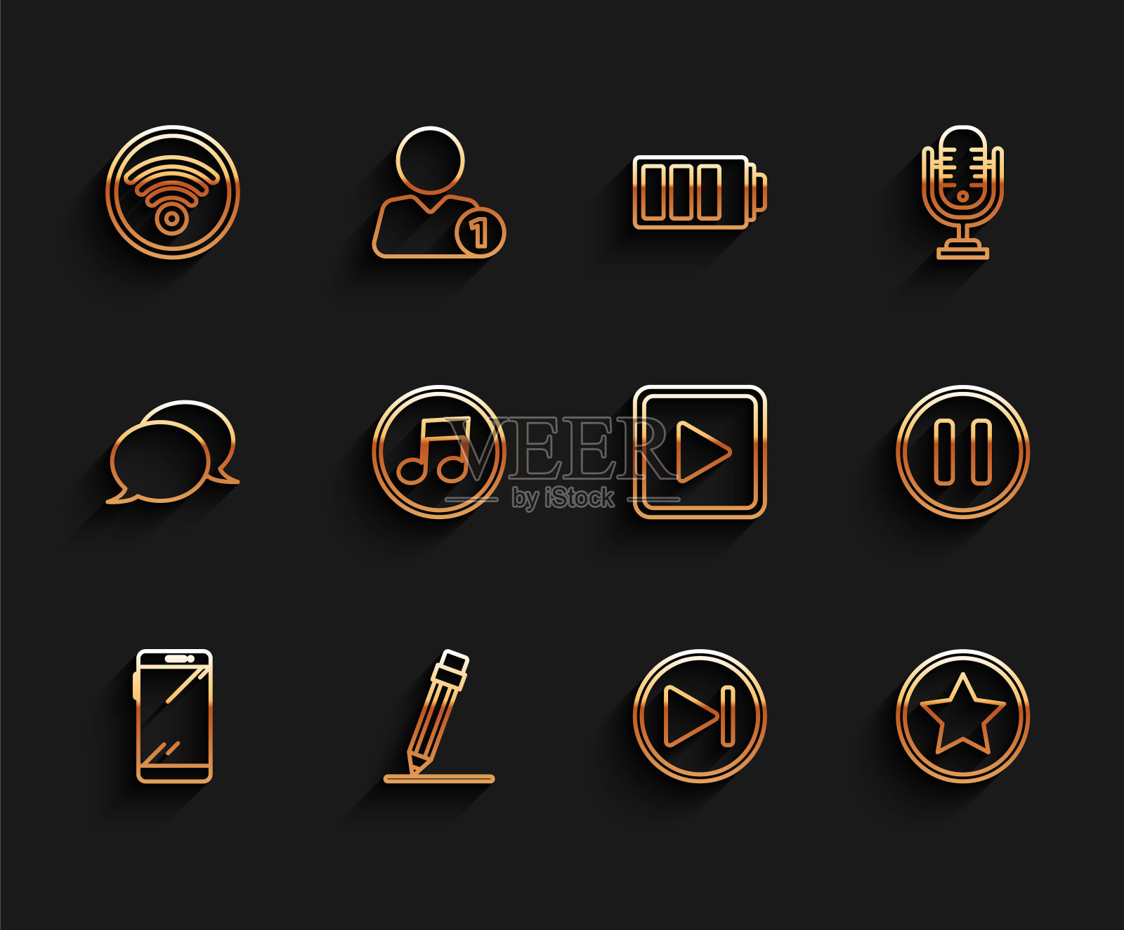 设置线智能手机，手机，带橡皮的铅笔，Wi-Fi无线互联网网络，快进，星号，音符，音调，暂停按钮和播放广场图标。向量插画图片素材