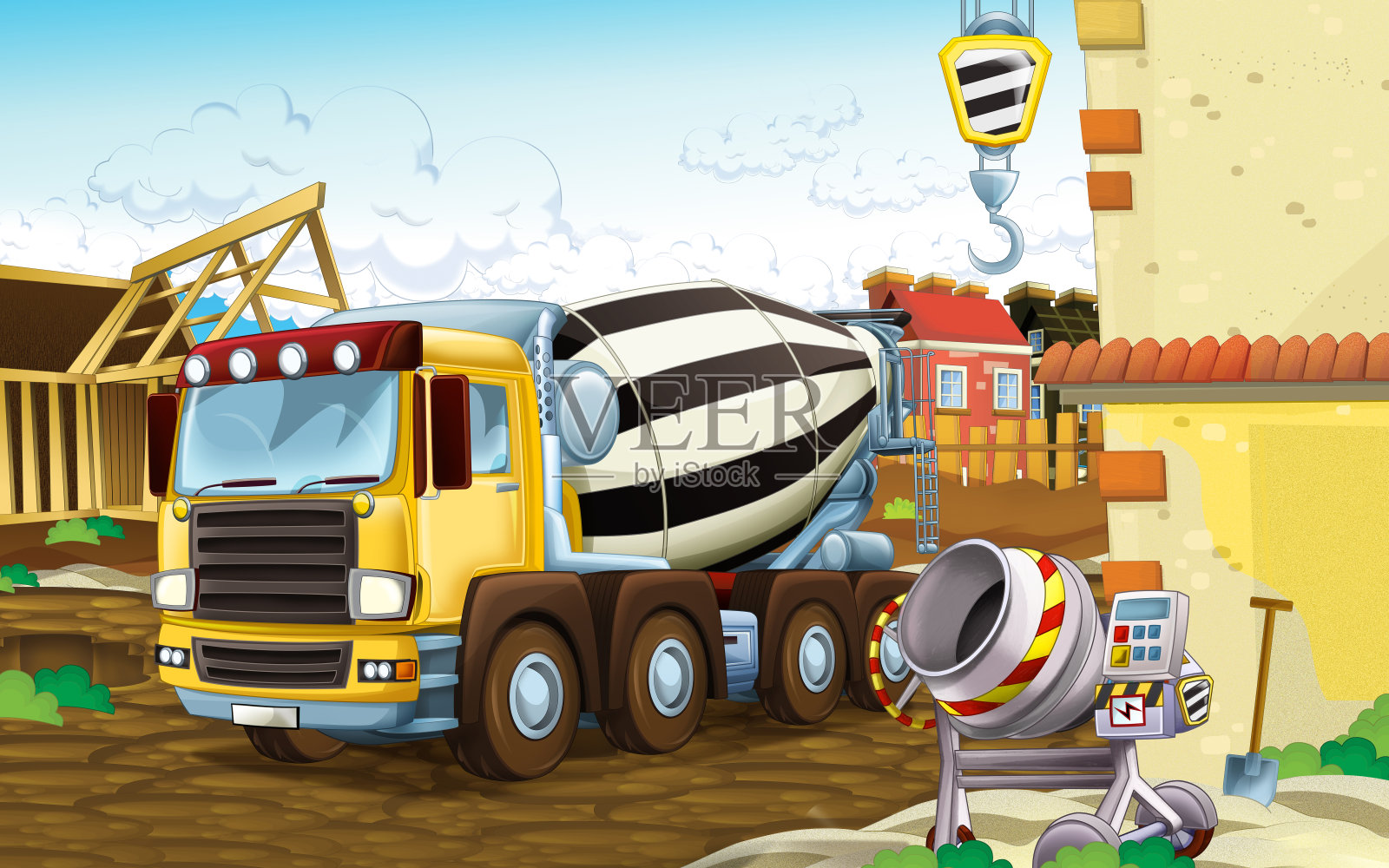卡通场景与建筑工地与汽车车辆工作在城市插图儿童插画图片素材