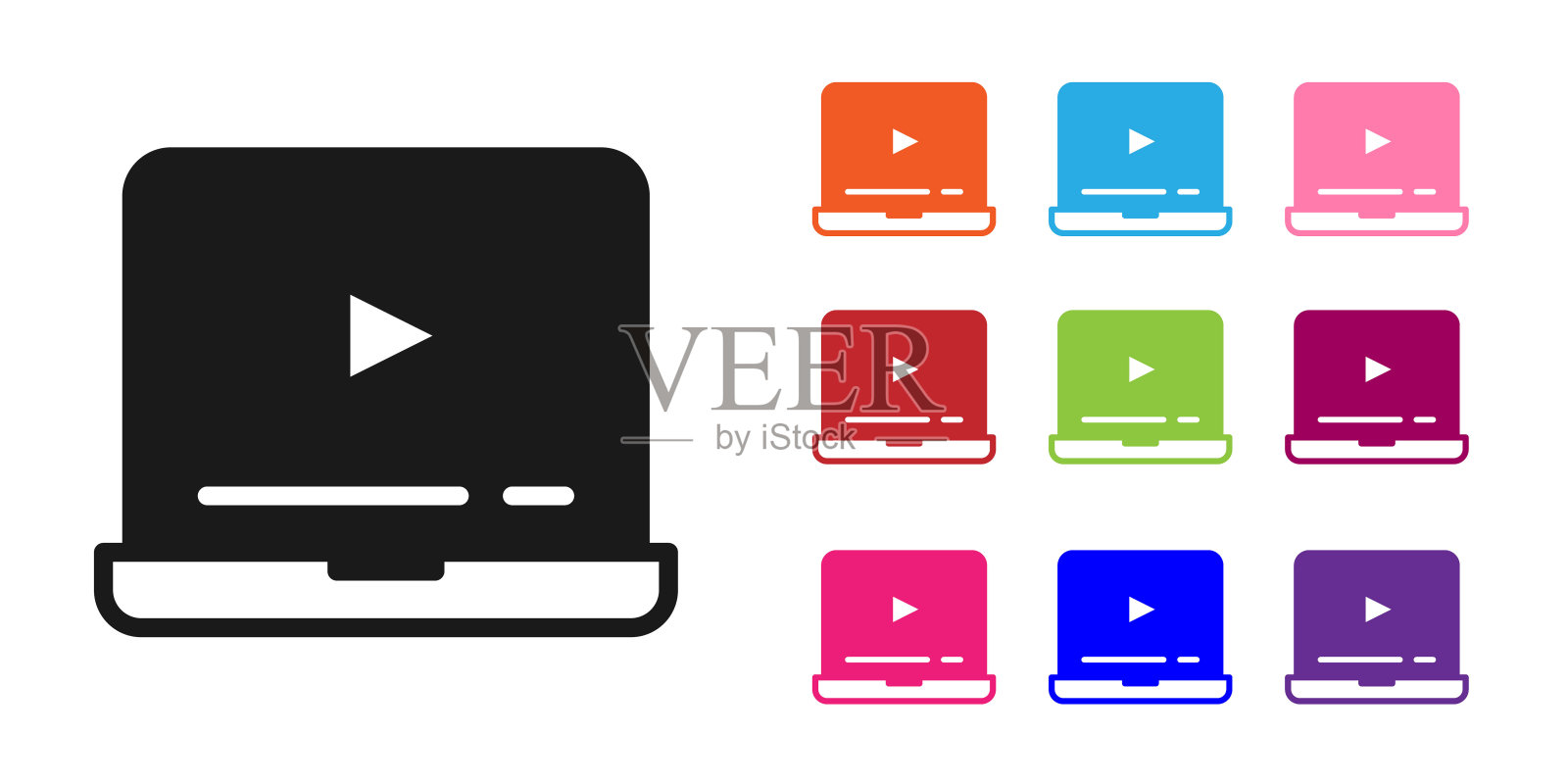 黑色在线播放视频图标孤立在白色背景上。笔记本电脑和带有游戏标志的胶片条。设置图标彩色。向量插画图片素材