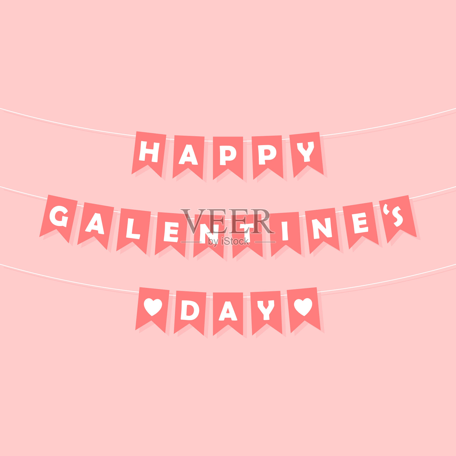 快乐的情人节彩旗花环，粉红色的三角旗与白色的字母，党的字母横幅，贺卡，矢量节日装饰插画图片素材