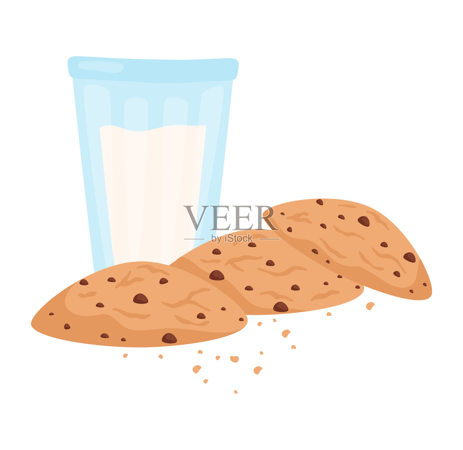巧克力饼干和一杯牛奶，背景是白色的。点心时间概念与甜食和乳制品矢量插图插画图片素材