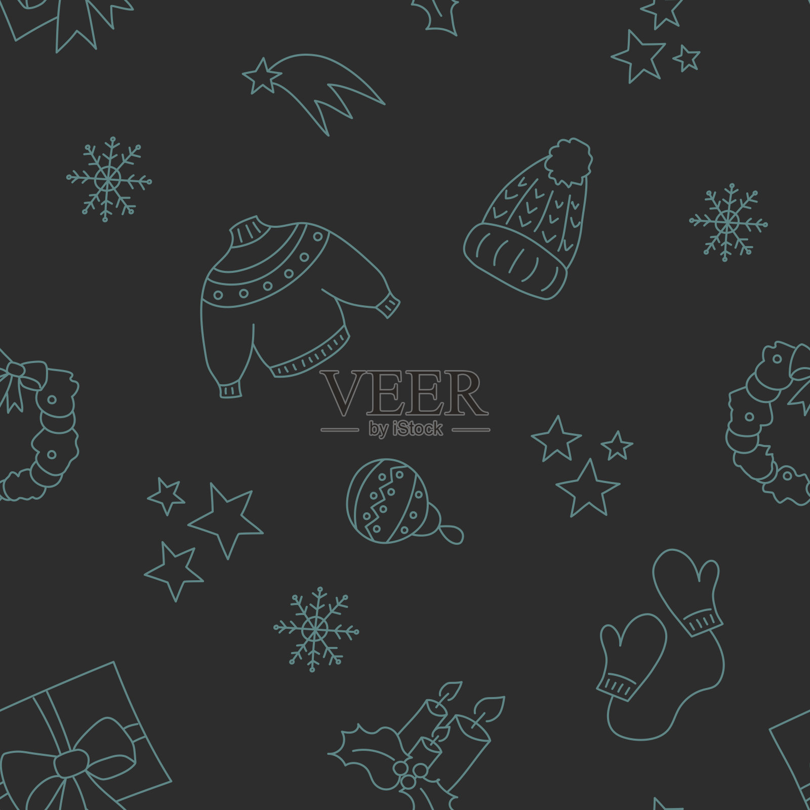 矢量插图。新年快乐，圣诞快乐的背景与手绘新年和圣诞符号在素描风格。节日图案适用于纺织品、墙纸、包装、包装纸。插画图片素材