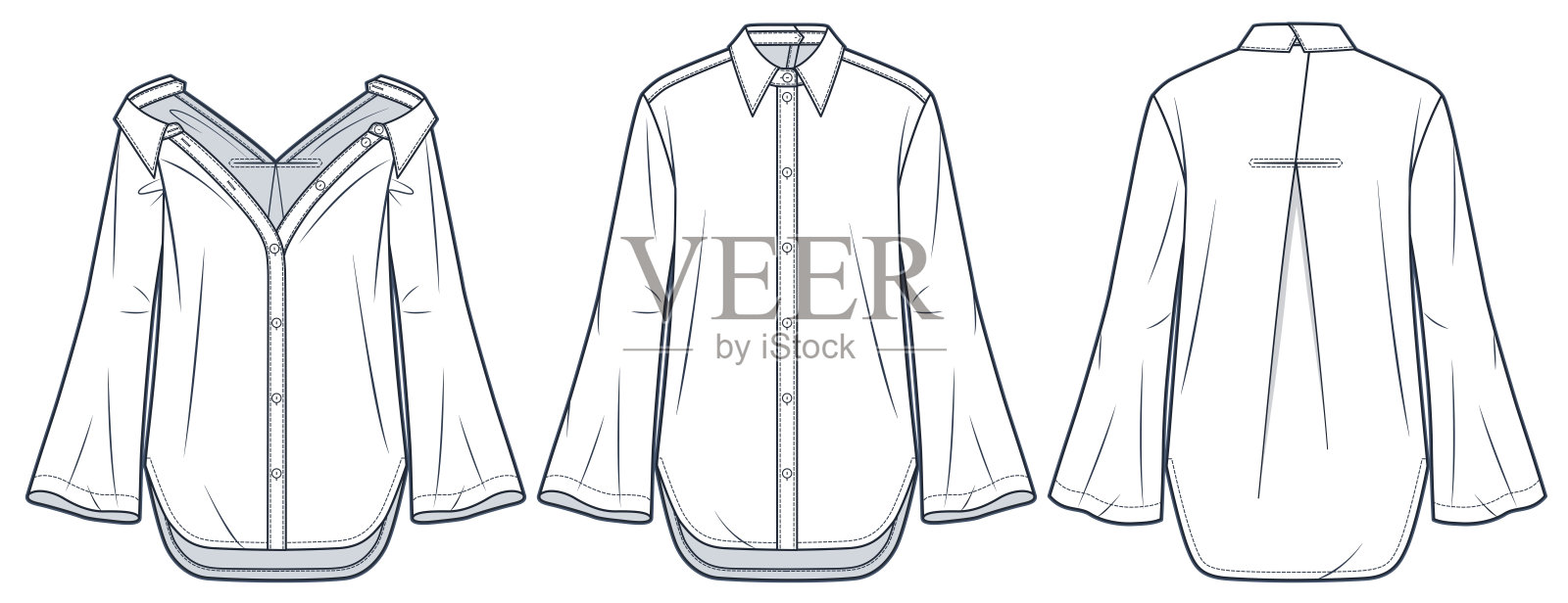 露肩衬衫技术时尚插画。钟袖衬衫时尚平面技术图纸模板，前后钮扣闭合，经典，变形，前，后视图，白色，女，男，男女通用的CAD模型集。插画图片素材