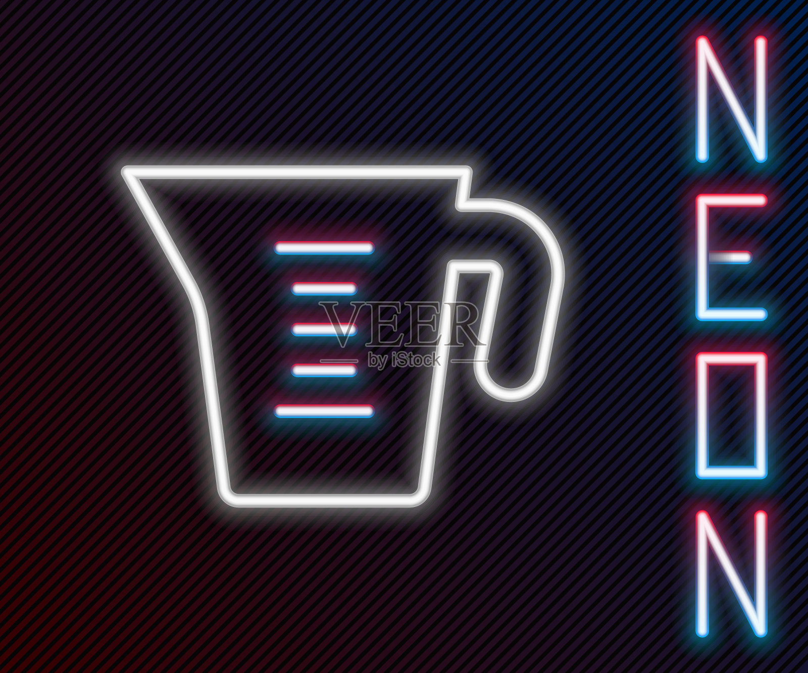 发光的霓虹线测量杯测量干和液体食品图标孤立的黑色背景。带手柄的塑料刻度烧杯。色彩缤纷的轮廓概念。向量插画图片素材