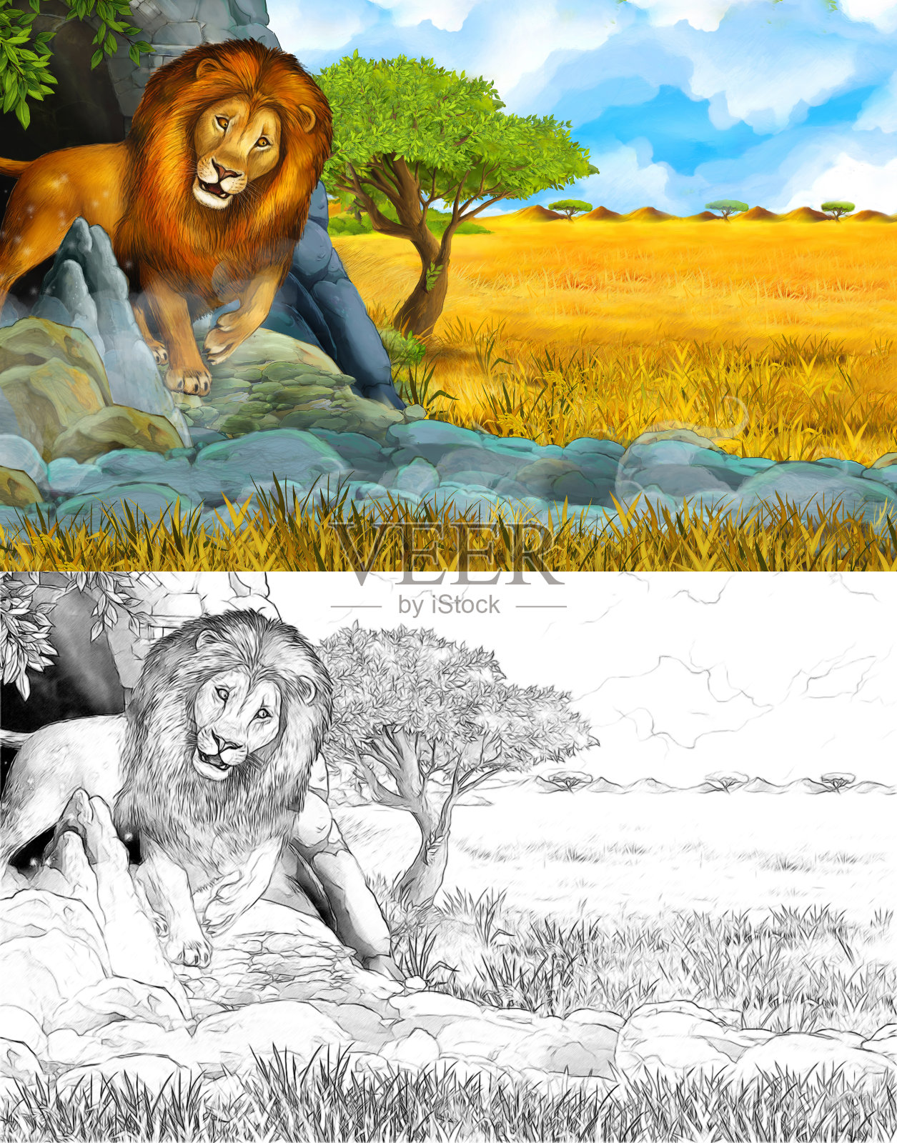 卡通场景与狮子附近的洞穴在一些草地上为儿童插图插画图片素材