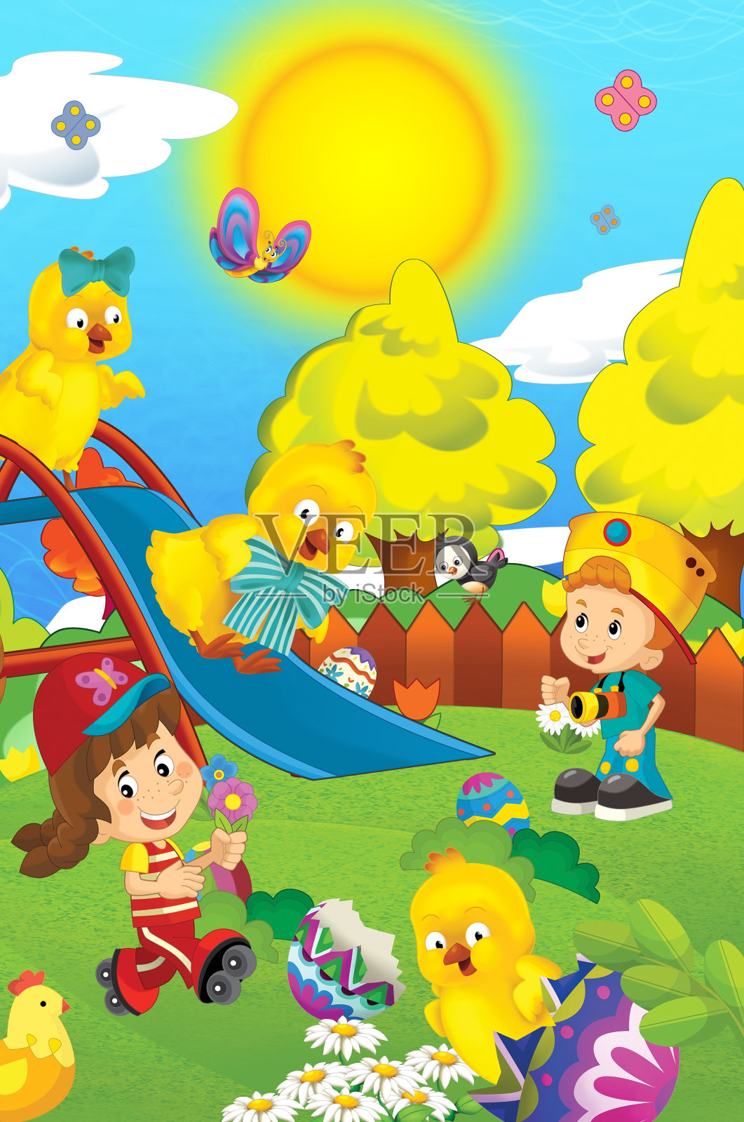 复活节操场上的卡通快乐和小朋友们玩耍的快乐插画插画图片素材