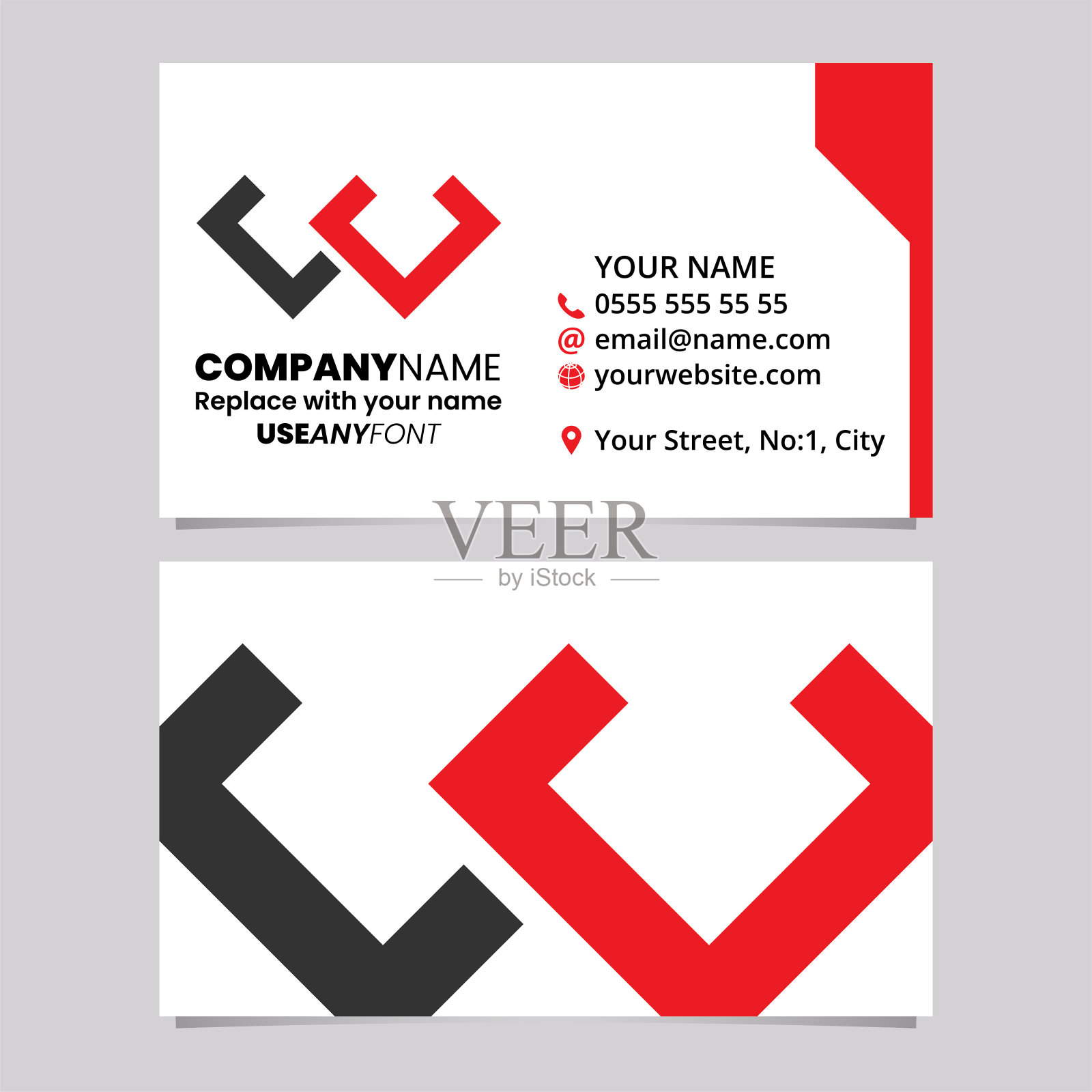 红色和黑色名片模板与角形字母W图标插画图片素材