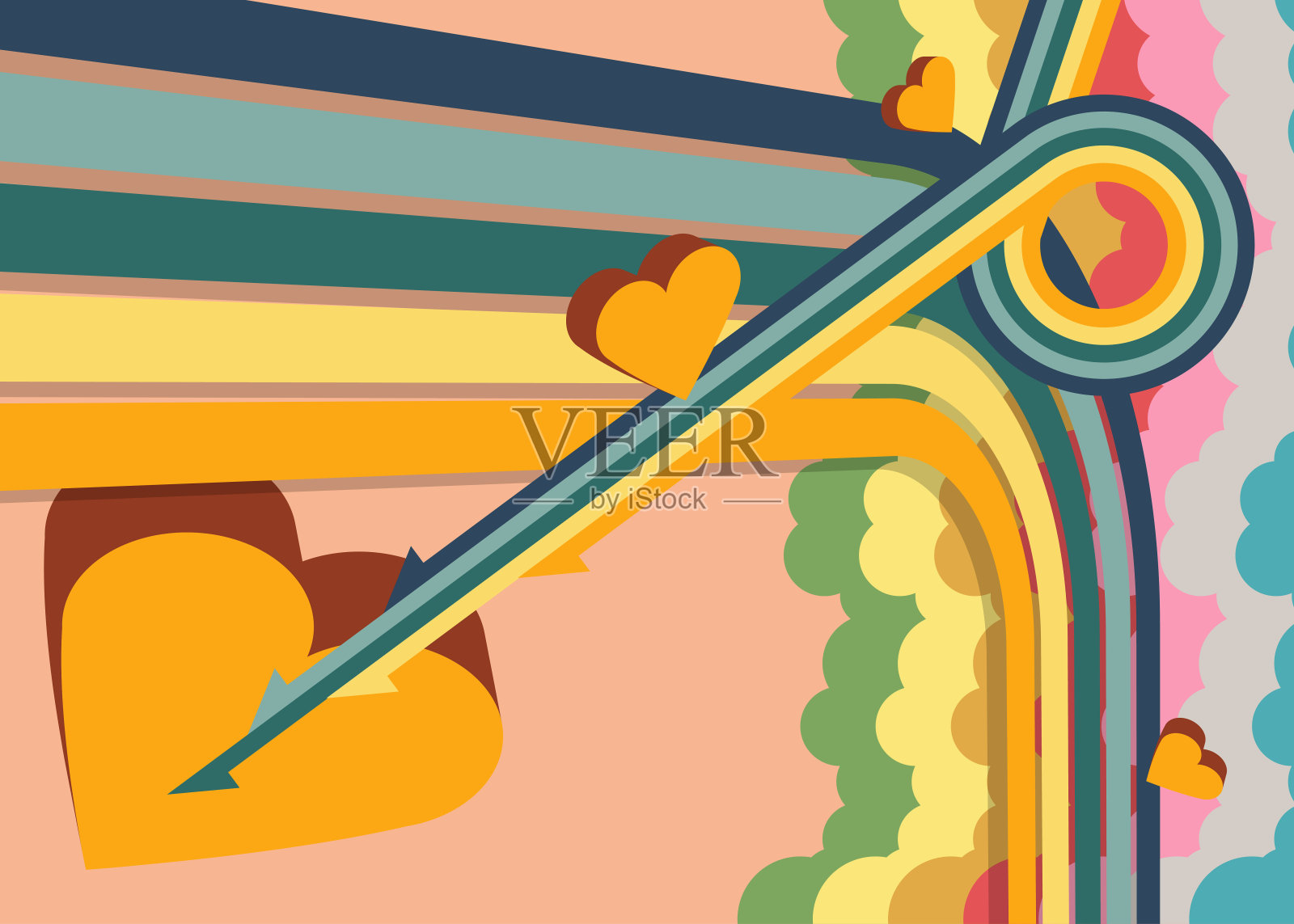 70年代复古爱心背景，时髦情人节艺术模板，简约复古海报，怀旧色彩作品插画图片素材
