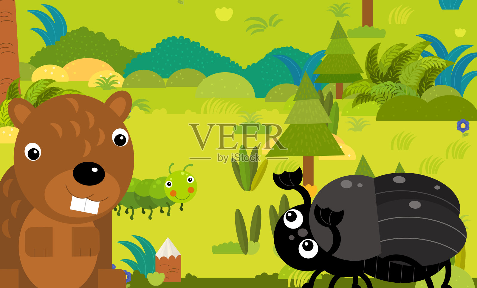 森林里不同欧洲动物的卡通场景插画图片素材