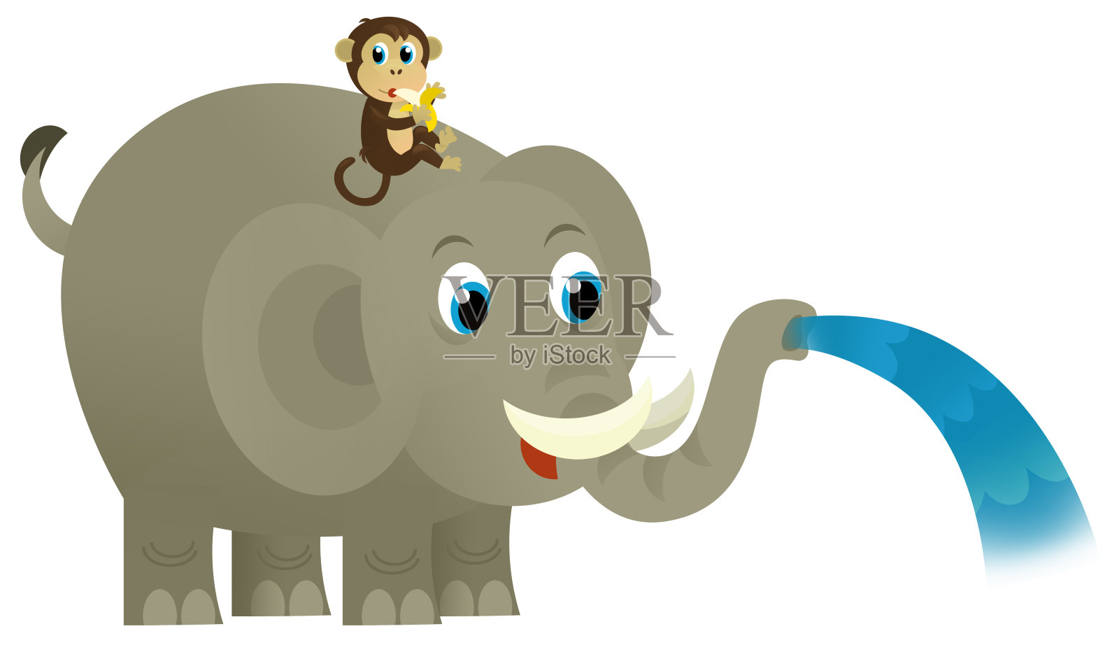 卡通野生快乐小象溢出水与其他动物孤立插图儿童插画图片素材