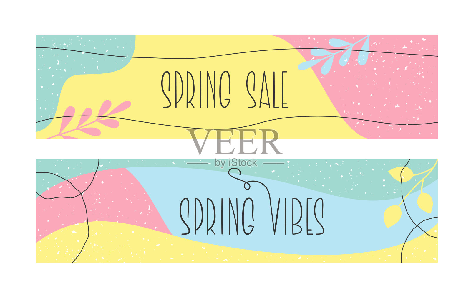 春季销售和夏季彩色模板收集。春天的振动抽象设计背景。框架与可爱的矢量手写字母。插画图片素材