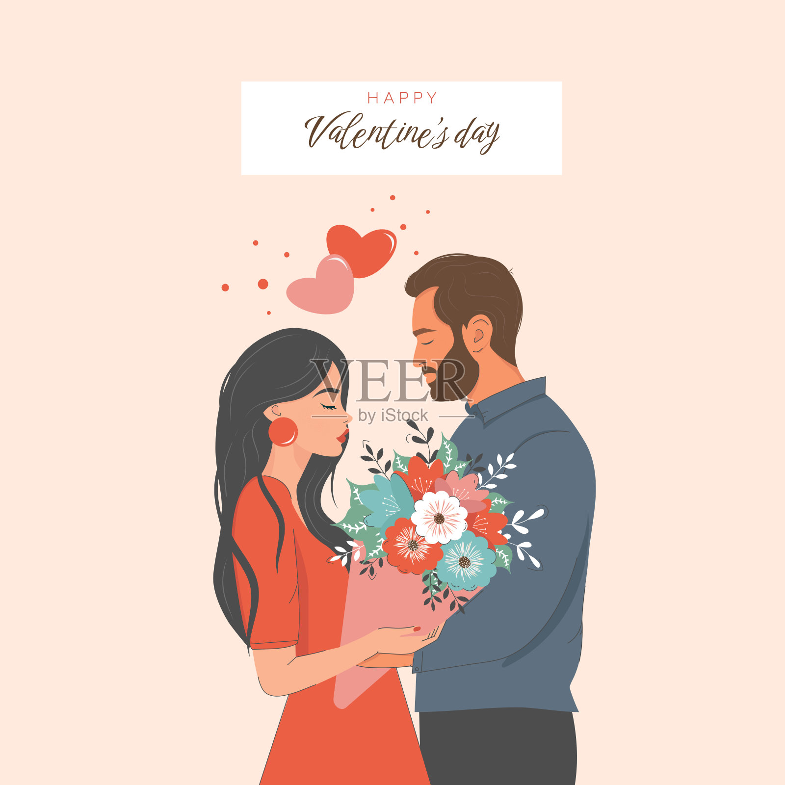 可爱情侣明信片，情人节矢量方形模板插画图片素材